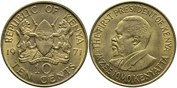 Кения 10 центов 1971 Джомо Кениата KM 11 никель латунь 4526-1124