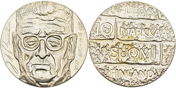 Финляндия 10 марок 1970 S-H, день рождения президента Юхо Паасикиви KM 51 серебро UNC 1523-634