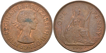 Великобритания 1 пенни 1967 Елизавета II (1952-2022) KM 897, Spink 4157 бронза 4574-323