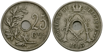 Бельгия 25 сантимов 1913 Belgique KM 68 медно-никель 4168-1215