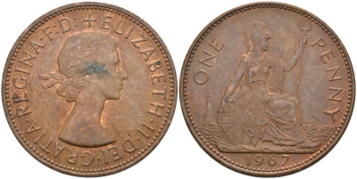 Великобритания 1 пенни 1967 Елизавета II (1952-2022) KM 897, Spink 4157 бронза 4574-323