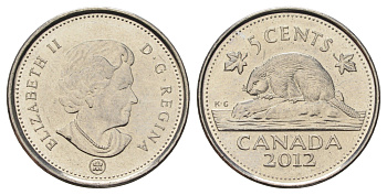 Канада 5 центов 2012 Leaf, Елизавета II (1952-2022), бобр KM 491 сталь плакированная никелем 4689-528