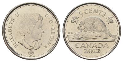 Канада 5 центов 2012 Leaf, Елизавета II (1952-2022), бобр KM 491 сталь плакированная никелем 4689-528