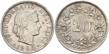 Швейцария 20 раппенов 1969 B KM 29a медно-никель    4161-655
