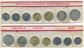Австрия набор из 7 монет  1979  2, 5, 10, 50 грошей, 1, 5, 10 шиллингов, в целлофане KM PS 39 PROOF 4400-4-3