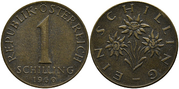 Австрия 1 шиллинг 1960 KM 2886 алюминиевая бронза 33-437
