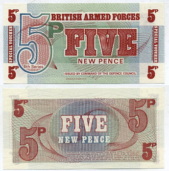 АНГЛИЯ 5 ПЕНСОВ 1972 ДЛЯ ВООРУЖЕННЫХ СИЛ, ШЕСТОЙ ВЫПУСК Pick М 44 бумага UNC (ПРЕСС) 6317-44-2