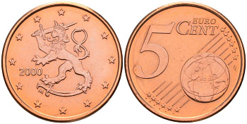 Финляндия 5 евроцентов 2000 KM 100 сталь плакированная медью 68-1132