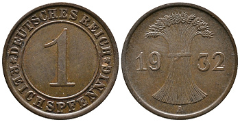 ГЕРМАНИЯ 1 РЕЙХСПФЕННИГ 1932 A KM 37, J. 313 бронза 39-1059