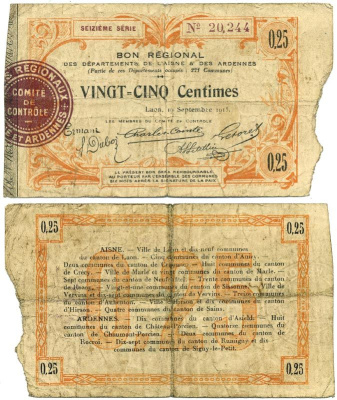 ФРАНЦИЯ 25 САНТИМОВ 1915 РЕГИОНАЛЬНЫЙ БОН, НОТГЕЛЬД, ЛЕОН бумага 7485-16-2