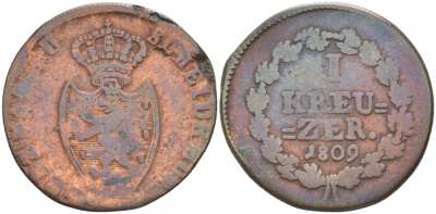 Нассау 1 крейцер 1809 Фридрих Август (1803-1816) KM 3b медь 73-117