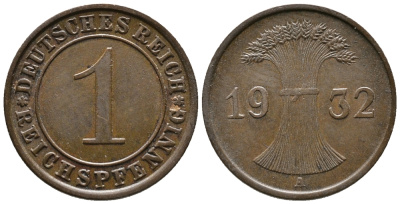 ГЕРМАНИЯ 1 РЕЙХСПФЕННИГ 1932 A KM 37, J. 313 бронза 39-1059