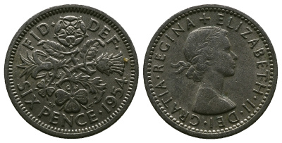 Великобритания 6 пенсов 1954 Елизавета II (1952-2022) KM 903, Spink 4149 медно-никель 4381-642