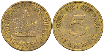 ФРГ 5 ПФЕННИГОВ 1975 J KM 107, J. 382 сталь плакированная латунью 4514-836