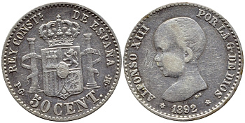 ИСПАНИЯ 50 СЕНТИМО 1892 (92) PG-M, АЛЬФОНСО XIII KM 690 серебро 443-535