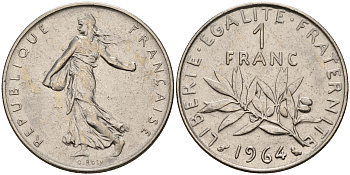 Франция 1 франк 1964 сеятель KM 925.1, Le Franc 226.8 никель    4153-437