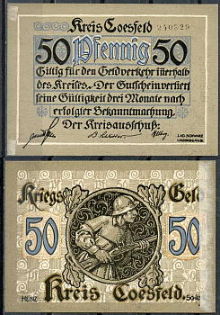 Германия, Косфельд 50 пфеннигов 1918 нотгельд, 6 цифр в номере Tieste 1185.05.02 бумага UNC (пресс) 444-77-3-2