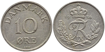 ДАНИЯ 10 ЭРЕ 1956 C; S, ФРЕДЕРИК IX (1947-1972) КМ 841.2 медно-никель 4398-922