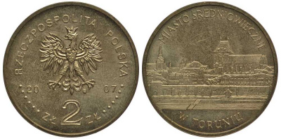 Польша 2 злотых 2007 MW, средневековое место в Торуне (TORUNIO) KM 622 латунь 114-315