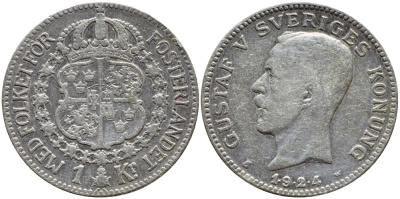 Швеция 1 крона 1924 1.9.2.4 W, Густав V (1907-1950) KM 786.1 серебро 1530-925