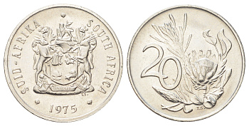 ЮАР 20 центов 1975 герб, цветок протея KM 86 никель UNC 4695-1112