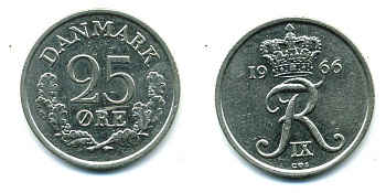 ДАНИЯ 25 ЭРЕ 1966 KM 850 медно-никель 04-926