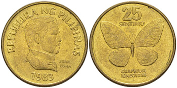 ФИЛИППИНЫ 25 СЕНТИМО 1983 БАБОЧКА, ХУАН ЛУНА KM 241.1 латунь 4544-534