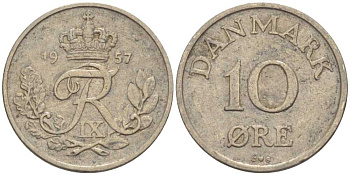 ДАНИЯ 10 ЭРЕ 1957 C; S, ФРЕДЕРИК IX (1947-1972) KM 841.2 медно-никель 4387-769