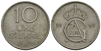 Швеция 10 эре 1969 U, Густав VI Адольф (1950-1973) KM 835 медно-никель 4136-911