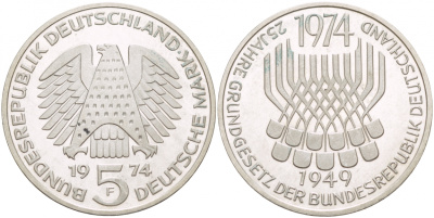 ФРГ 5 марок 1974 F, 25 лет со дня принятия конституции ФРГ KM 138, J.413 серебро UNC 4545-1123