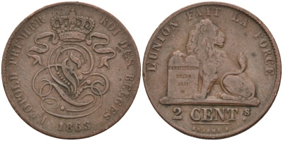 Бельгия 2 сантима 1863 BELGES KM 4.2 медь 4586-455
