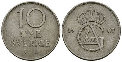 Швеция 10 эре 1969 U, Густав VI Адольф (1950-1973) KM 835 медно-никель 4136-911