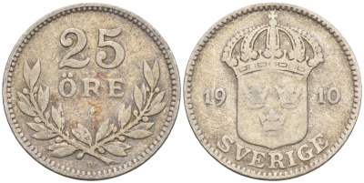 Швеция 25 эре 1910 W, Густав V (1907-1950) KM 785 серебро 4147-936