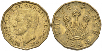 Великобритания 3 пенса 1944 Георг VI (1936-1952) KM 849, Spink 4112 никель латунь 87-425