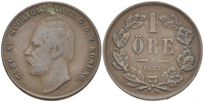 Швеция 1 эре 1872 L.A., Карл XV (1859-1872) KM 705 (490) бронза 3309-765