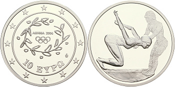 Греция 10 евро 2003 XXVIII летние Олимпийские игры 2004 года в Афинах, плавание KM 200 серебро PROOF 06-245-35