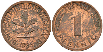 ФРГ 1 пфенниг 1985 F KM 105, J. 380 сталь плакированная медью    4598-634