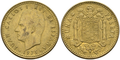 Испания 1 песета 1975 (77) Хуан Карлос I (1975-2014) KM 806 алюминиевая бронза 4604-211