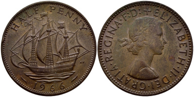Великобритания 1/2 пенни 1966 Елизавета II (1952-2022) KM 896, Spink 4158 бронза 57-1342