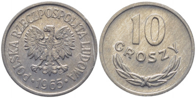ПОЛЬША 10 ГРОШЕЙ 1965 MW KM АА47 алюминий UNC 112-456