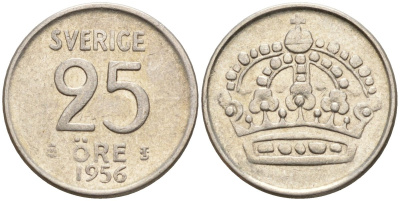 Швеция 25 эре 1956 TS, Густав VI Адольф (1950-1973) KM 824 серебро 4147-1047