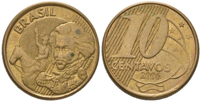 Бразилия 10 сентаво 2006 KM 649, Schon 157 сталь плакированная латунью 4621-358