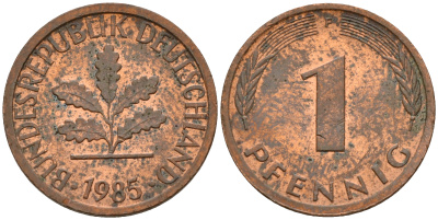 ФРГ 1 пфенниг 1985 F KM 105, J. 380 сталь плакированная медью    4598-634