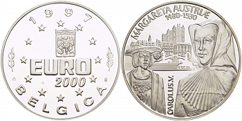 БЕЛЬГИЯ 10 ЕВРО 1997 МАРГАРЕТ АВСТРИЙСКАЯ (1480-1530) И КАРЛ V серебро PROOF 1068-4-42