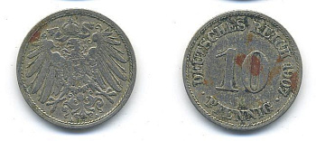 Германия 10 пфеннигов 1907 A KM 12, J. 13 медно-никель 58-314