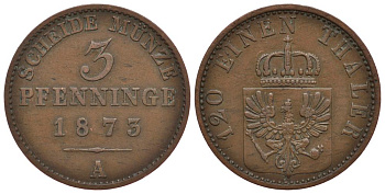 ПРУССИЯ 3 ПФЕННИГА 1873 A KM 482 медь 186-613
