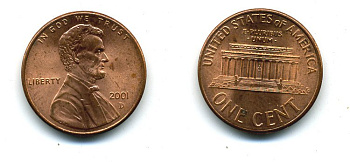 США 1 ЦЕНТ 2001 D KM 201b цинк плакированный медью 46-1114