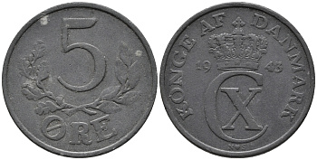 ДАНИЯ 5 ЭРЕ 1943 N; S, КРИСТИАН X (1912-1947) KM 834a цинк 32-1035