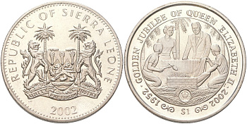 Сьерра-Леоне 1 доллар 2002 50 лет правлению Королевы Елизаветы II - Елизавета II, принц Филипп и кузнецы KM 268 медно-никель BU 4368-1121
