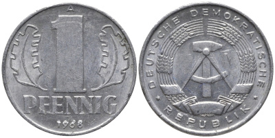 ГДР 1 ПФЕННИГ 1968 А KM 8.1 алюминий 4532-1026